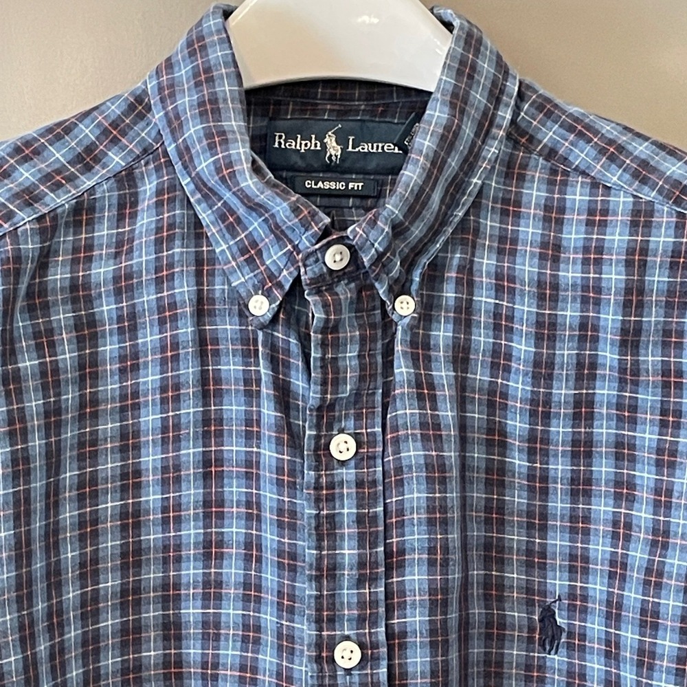Ralph Lauren Classic Fit Linen Cotton Plaid Button Down Shirt Mens Large Blue